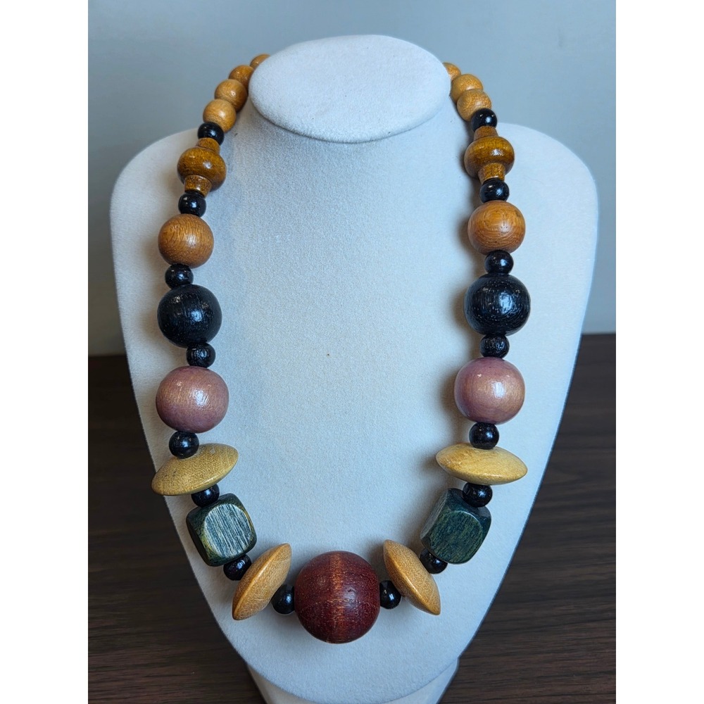 Chunky Wooden Bead Statement Necklace Earthy Multi Color Geometric Boho - Picture 5 of 5